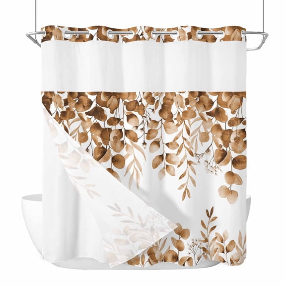 No Hook Brown Eucalyptus Leaves Shower Curtain with Snap in Liner Set, Spring Summer Botanical Waterproof Fabric Bathroom Curtains with See Through Top Window, Hotel Style Standard 72 x 72 Inch