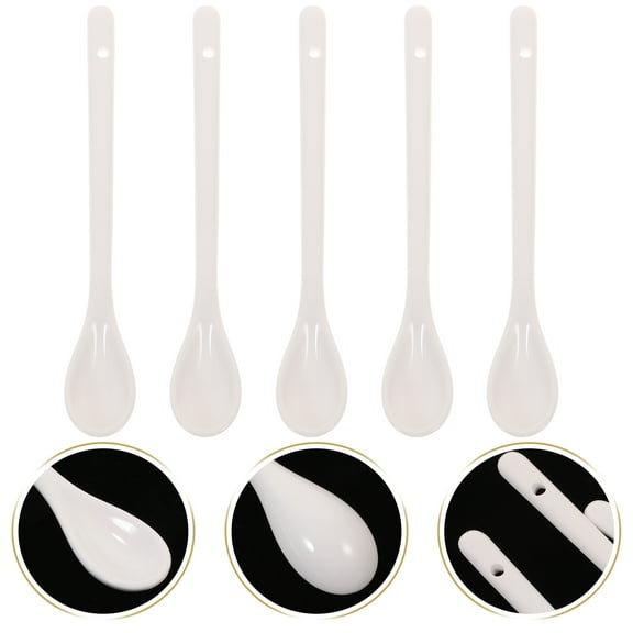 5pcs Ceramic Coffee Spoon, White Stirring Spoons Long Handle Serving Spoons for Tea Coffee Yogurt