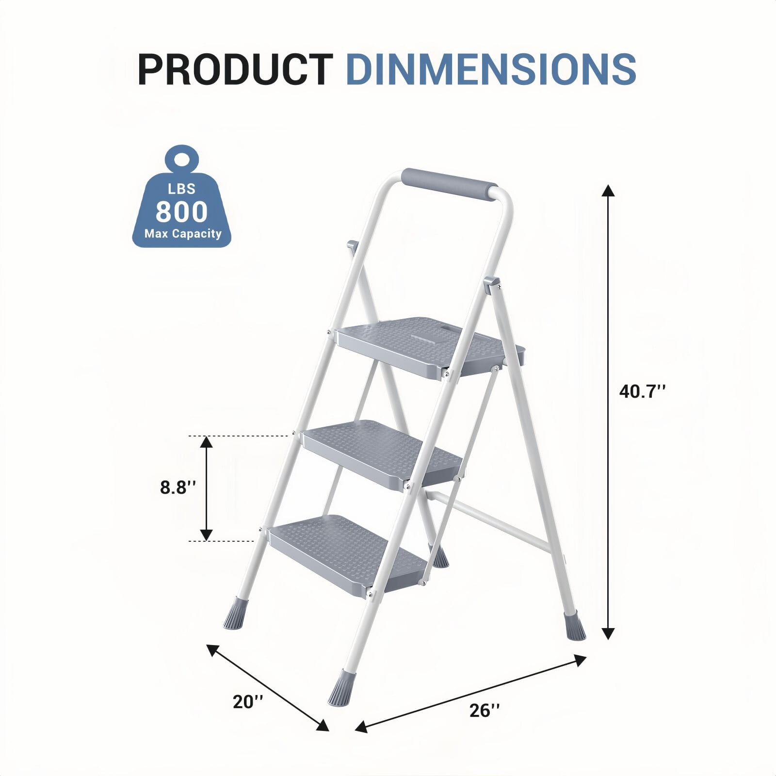 Kelno 3 Step Ladder 800Lbs Capacity Folding Step Stool with Anti Slip Pedals Safety Handrail, Gray White