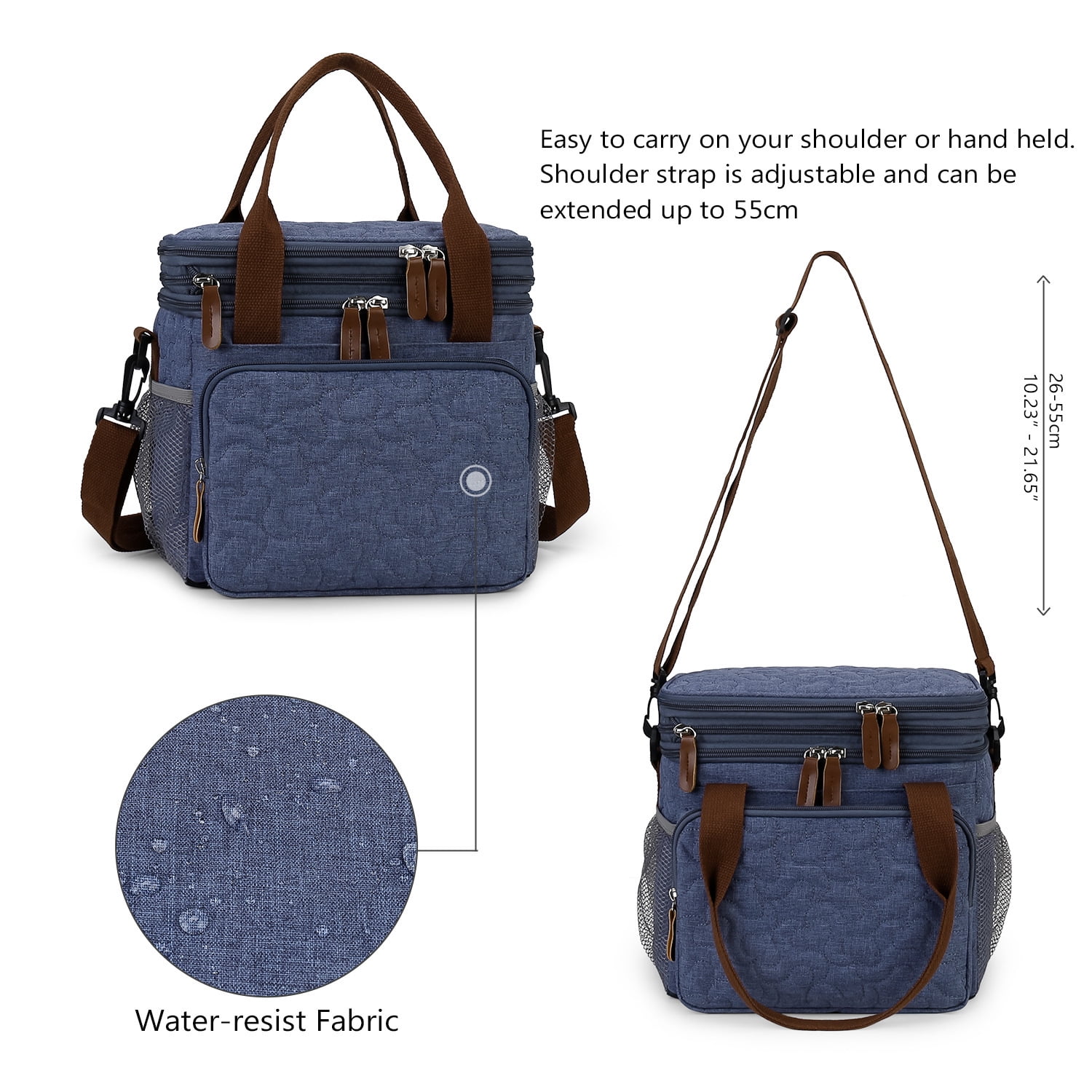 Insulated Lunch Bag Lunch Box Expandable Double Deck Cooler Bag Leakproof Side Tissue Pocket, Adjustable Shoulder Strap for Picnic Camping Hiking School Work, Blue