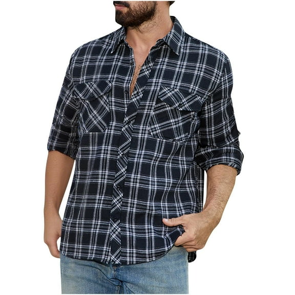 ZUKMRJPC Men's Vintage Plaid Shirts Long Sleeve Classic Button Down Lapel Casual Shirt Jacket Lightweight Work Shirt with Flap Pocket