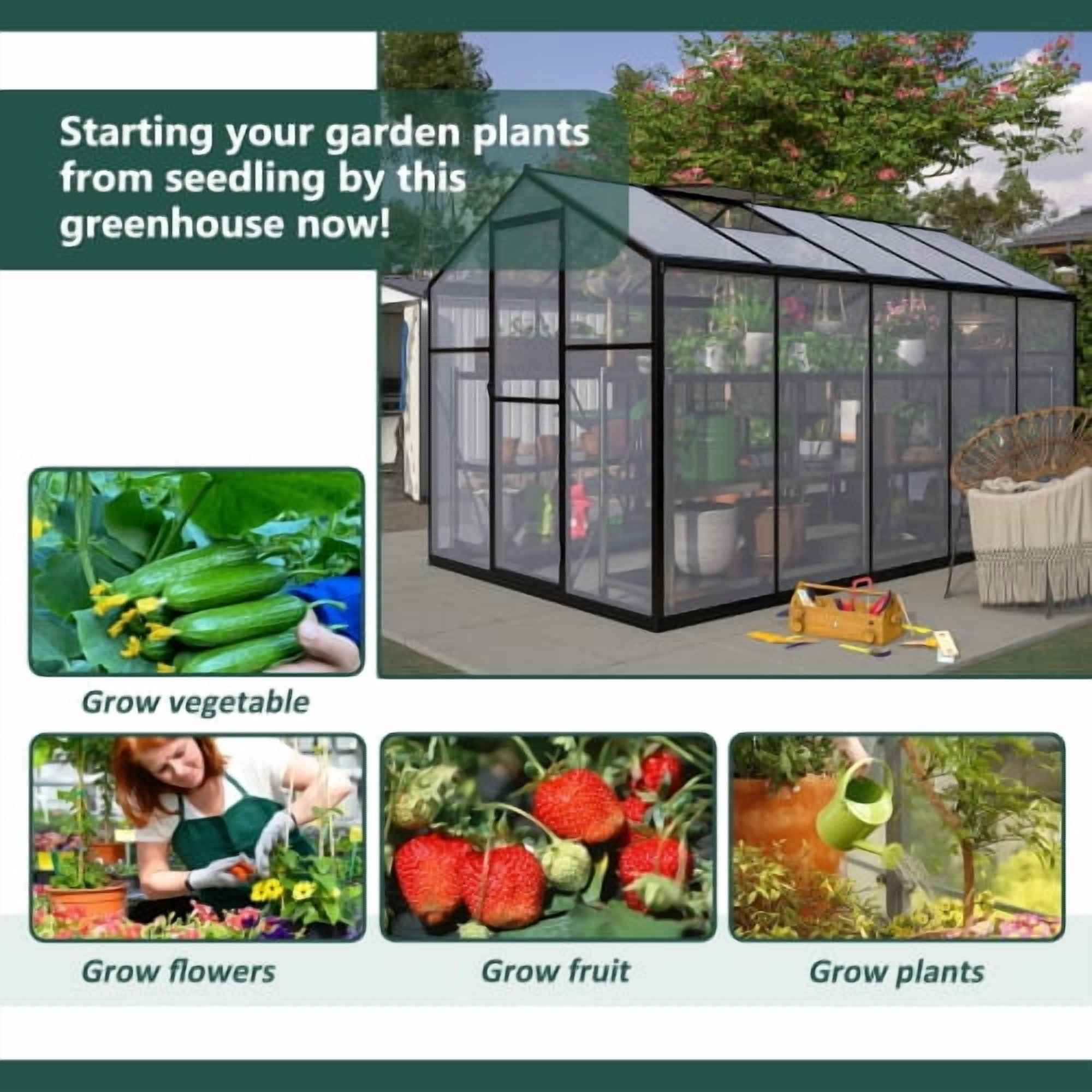 Thanaddo 6'x8' Polycarbonate Walk-in Greenhouse, Heavy Duty Aluminum Frame with Roof Vent, UV-Resistant for Outdoor Garden, Black
