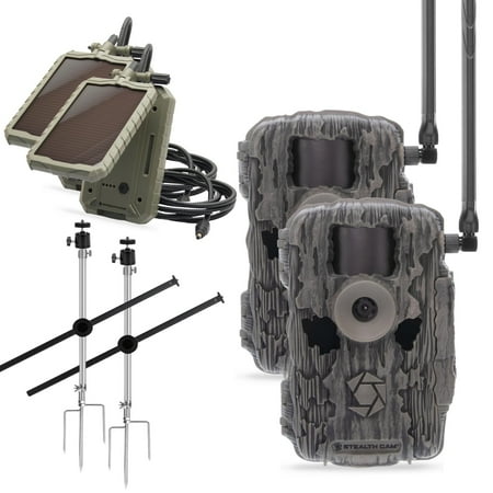 Stealth Cam Fusion X-Pro 2 Pack Dual Sim 36 MP Photo & 720P HD Video 0.4 Sec Trigger Speed Wireless Hunting Trail Camera – Available on AT&T & Verizon + Solar Panels and Mounting Poles