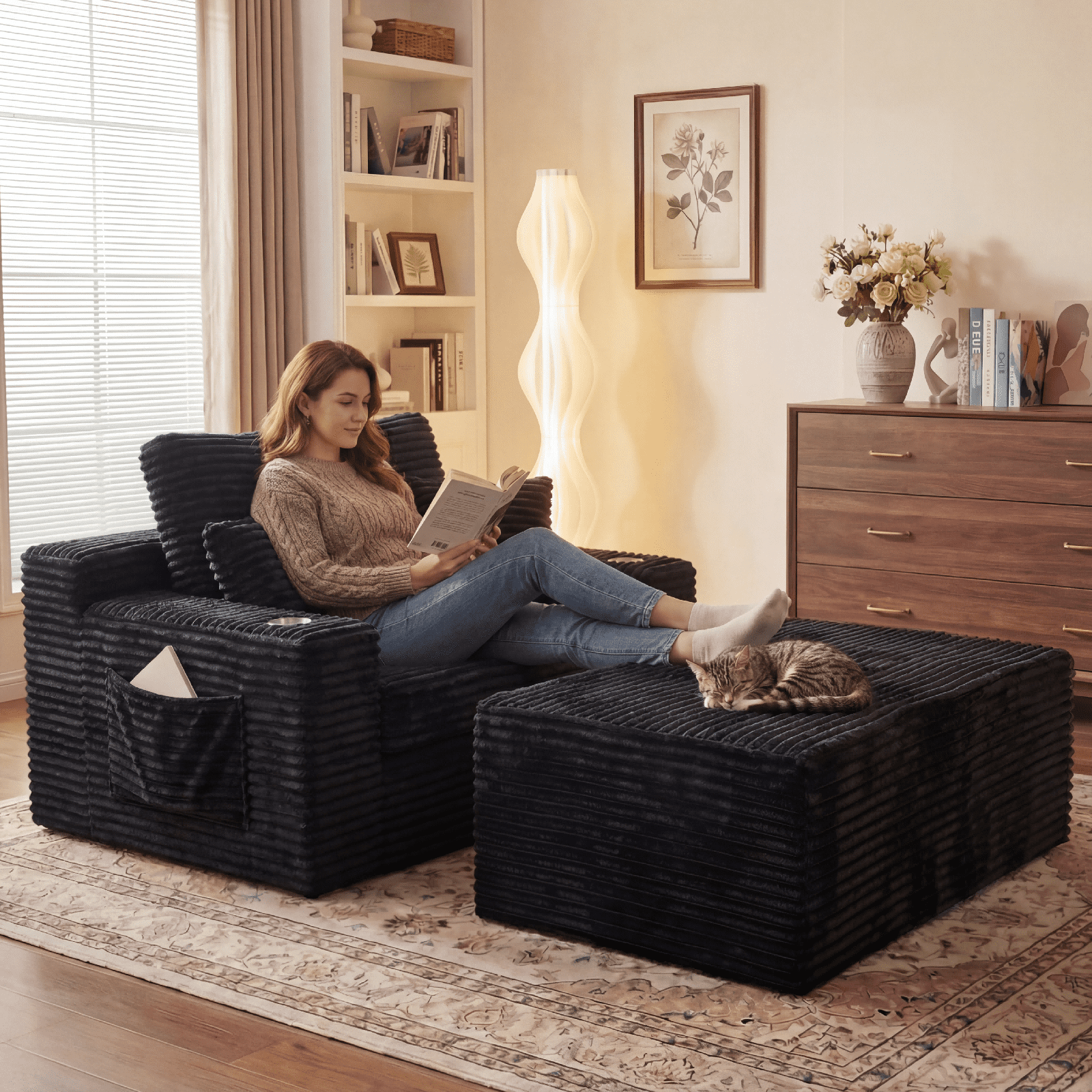 Cubente 67" Chaise Lounge Chair Indoor,Boneless Sofa Bed, Deep Seat Sleeper Couch Reading Chairs, Cloud Couches with Cup Holder & Side Pocket for Living Room, No Assembly Required
