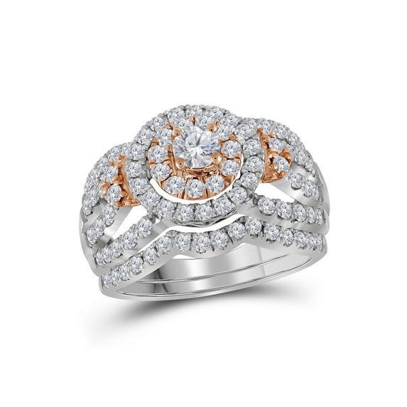 FB Jewels 14kt White Rose 2-tone Gold Womens Round Diamond Halo Bridal Wedding Engagement Ring Band Set 1-1/2 Cttw