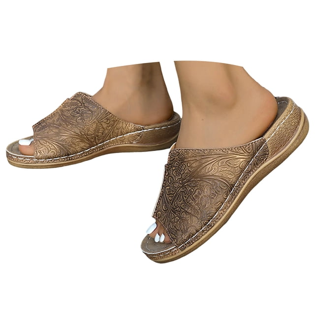 IUJSOY Womens Retro Printed Wedge Slides Sandals Open Toe Arch Support Summer Casual Shoes