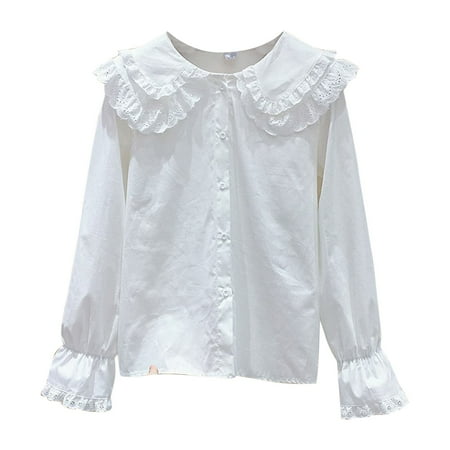 biudgviw Girls White Long Sleeve Shirts Kids Fall Outfits Button Down Ruffle Lace Tops Dressy Casual Elegant Cotton Shirts