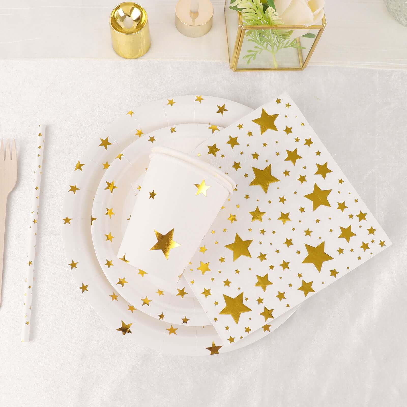 Efavormart 120 Pcs White/Gold Stars Disposable Party Supplies Kit, Paper Plates Cups Napkins Tableware Combo Pack
