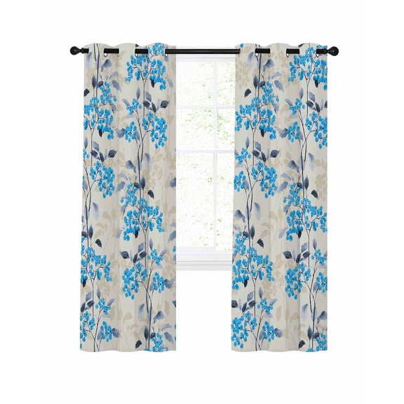 Blue Flowers Blackout Curtains, Light Blocking Print Window Curtains, Farmhouse Pastoral Spring Botanical Plants Thermal Insulated Window Drapes for Living Room 2 Panels, 104"W x 63"L