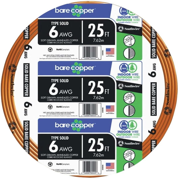 Building Wire, Bare Copper, 6 AWG, 25ft