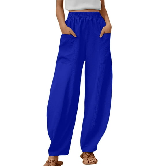 Dpytoraw Womens Solid Color Casual Pants Trousers Elastic Waist Pockets Wide Leg Trousers High Waisted Linen Casual Pants For Women BU1 L