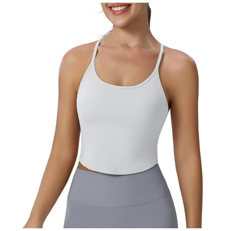 Zhaghmin Racer Back Sports Bra for Women Cropped Tank Tops Built in Bras Workout Running Vest Padded Cami Bras Soft Bras for Women Wirefree White L