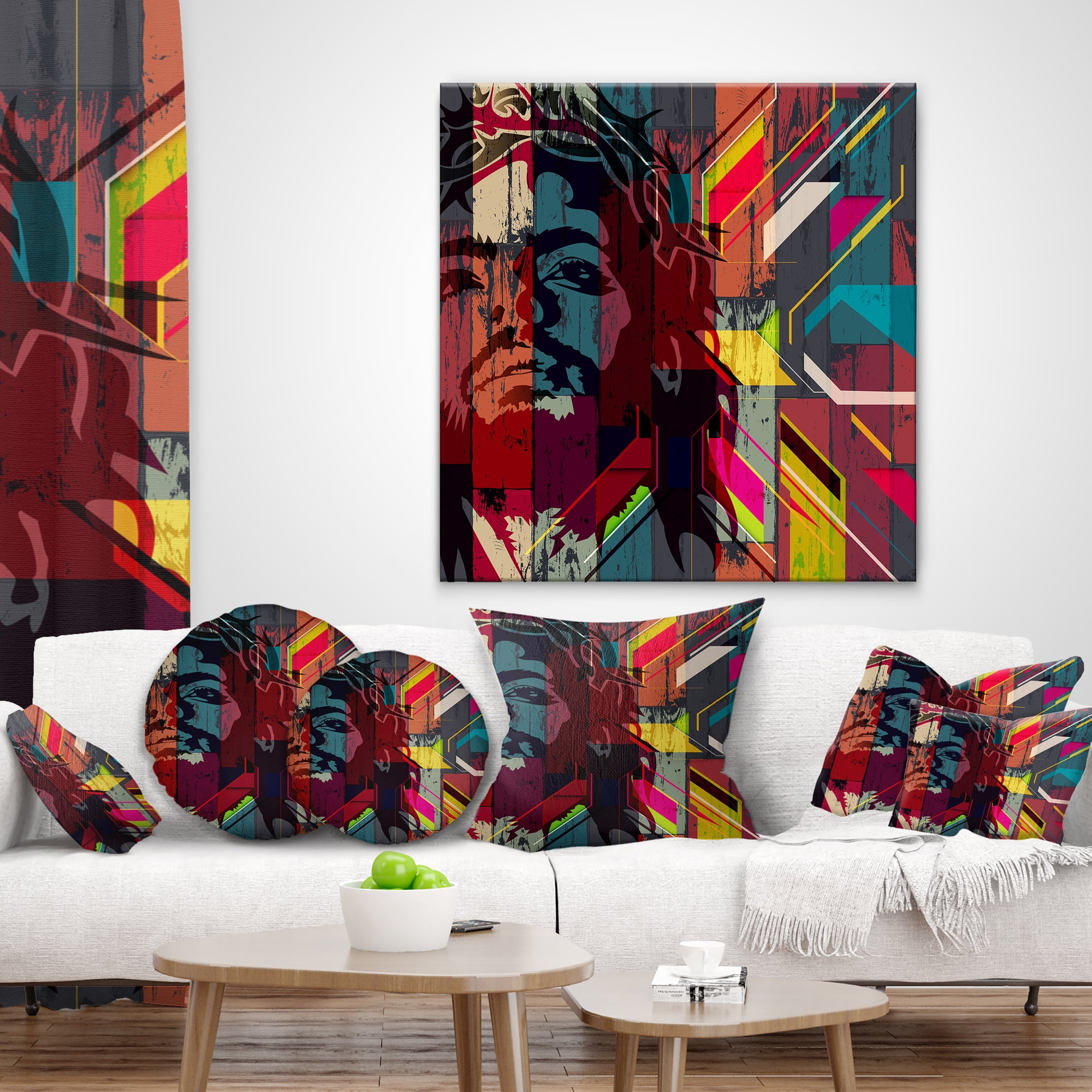 Designart Jesus over Abstract Wooden Design - Abstract Throw Pillow - 18x18