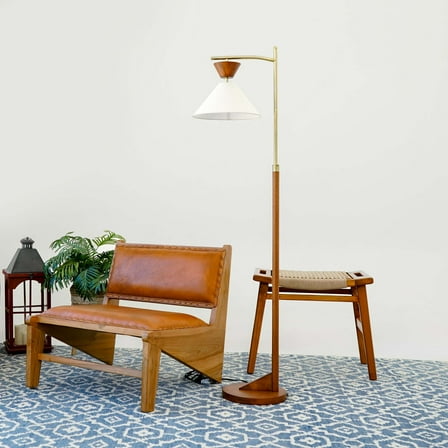 Noble House Zensa Contemporary Floor Lamp, Wood and Metal Frame with Cone Shade Standing Light, 61" Tall, Brown