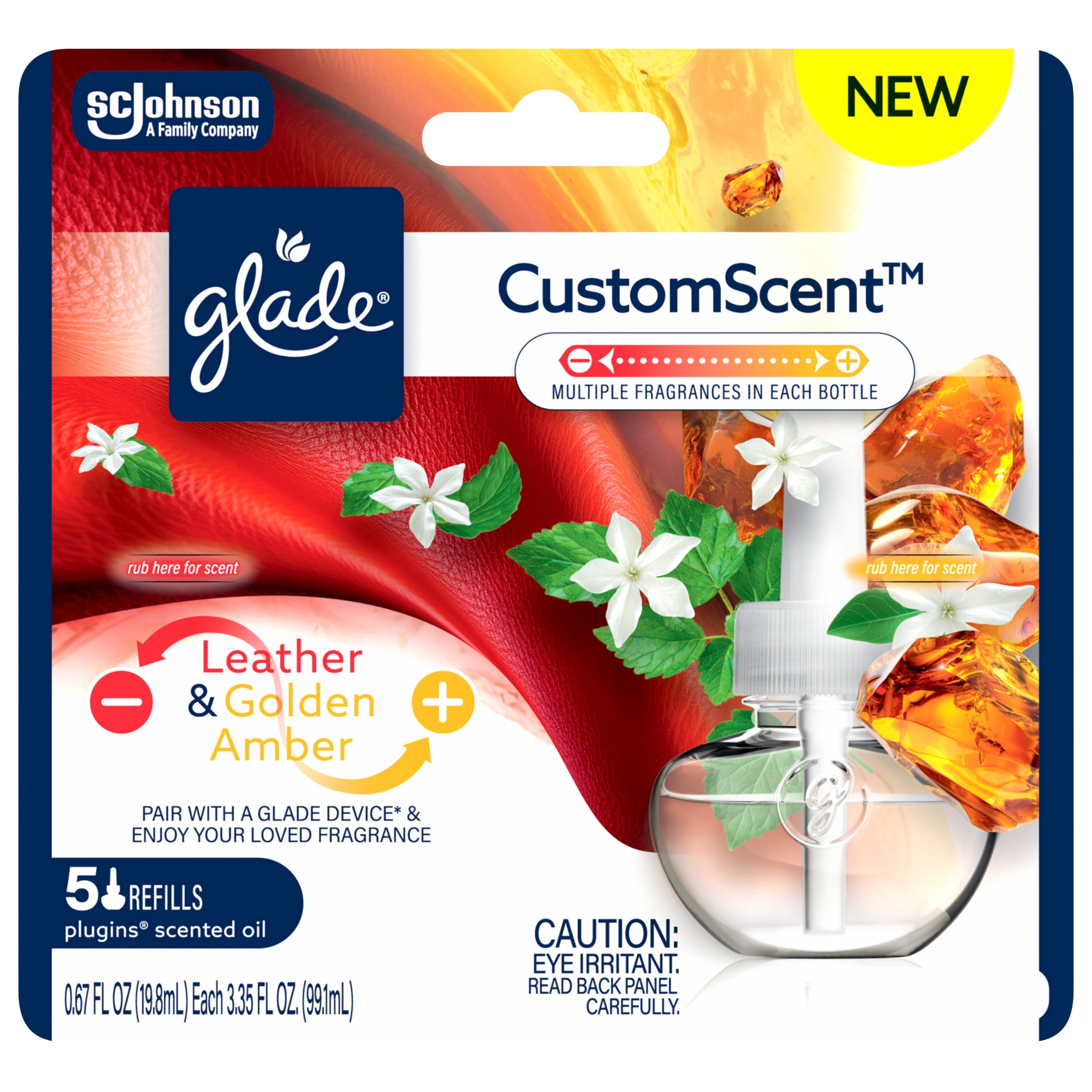 Glade® PlugIns® Refills with CustomScent Technology, Leather & Golden Amber, 5 Refills