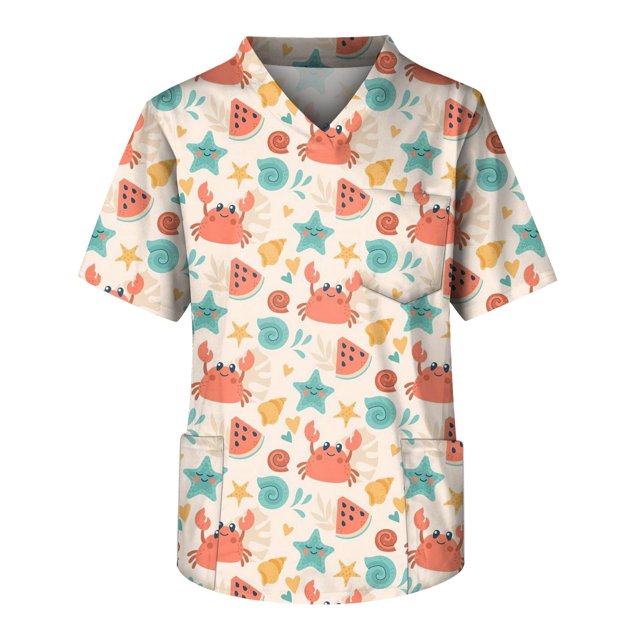 LINMOUA Plus Size Halloween Printed Scrub Working Uniform Tops For Men's Cross V-Neck Short Sleeve Fun T-Shirts Workwear Tee With Pockets
