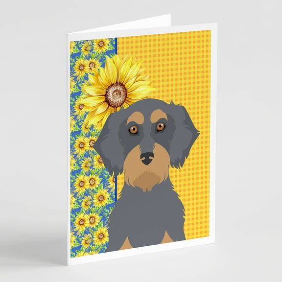Summer Sunflowers Wirehair Blue and Tan Dachshund Greeting Cards and Envelopes Pack of 8 7 in x 5 in