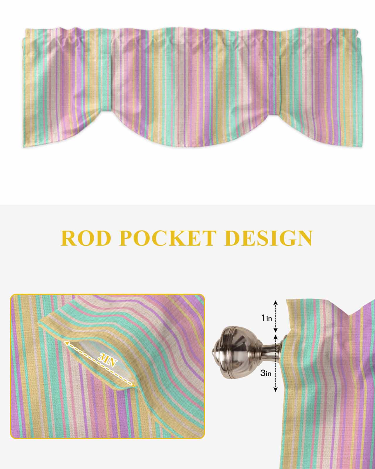 Colorful Striped Tie Up Valances Curtain, Yellow Stripe Vintage Linen Texture Kitchen Valances for Windows Decor, Rod Pocket Short Curtains Set for Bedroom/Bathroom, 60"x18"