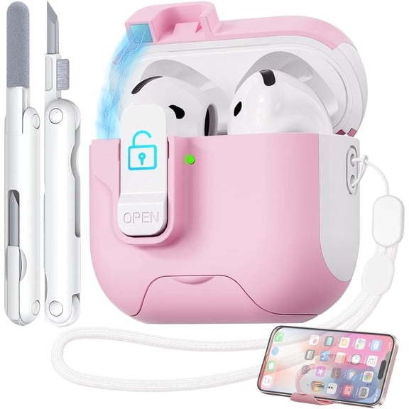 for AirPods 4 Case with Phone Stand, Pink Case Compatible with Apple AirPods 4th Gen 2024, Secure Lock & Magnetic Lid, with Cleaning Kit & Lanyard, Cute Cover for Women Girly, Drop-Proof