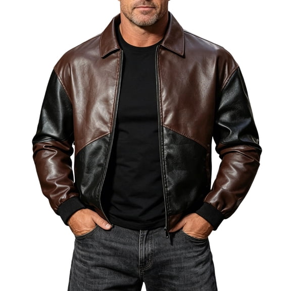 LODIENY Mens Bomber Jacket Vintage Collared Color Block Leather Motorcycle Jackets for Fall Winter with Pockets Brown L