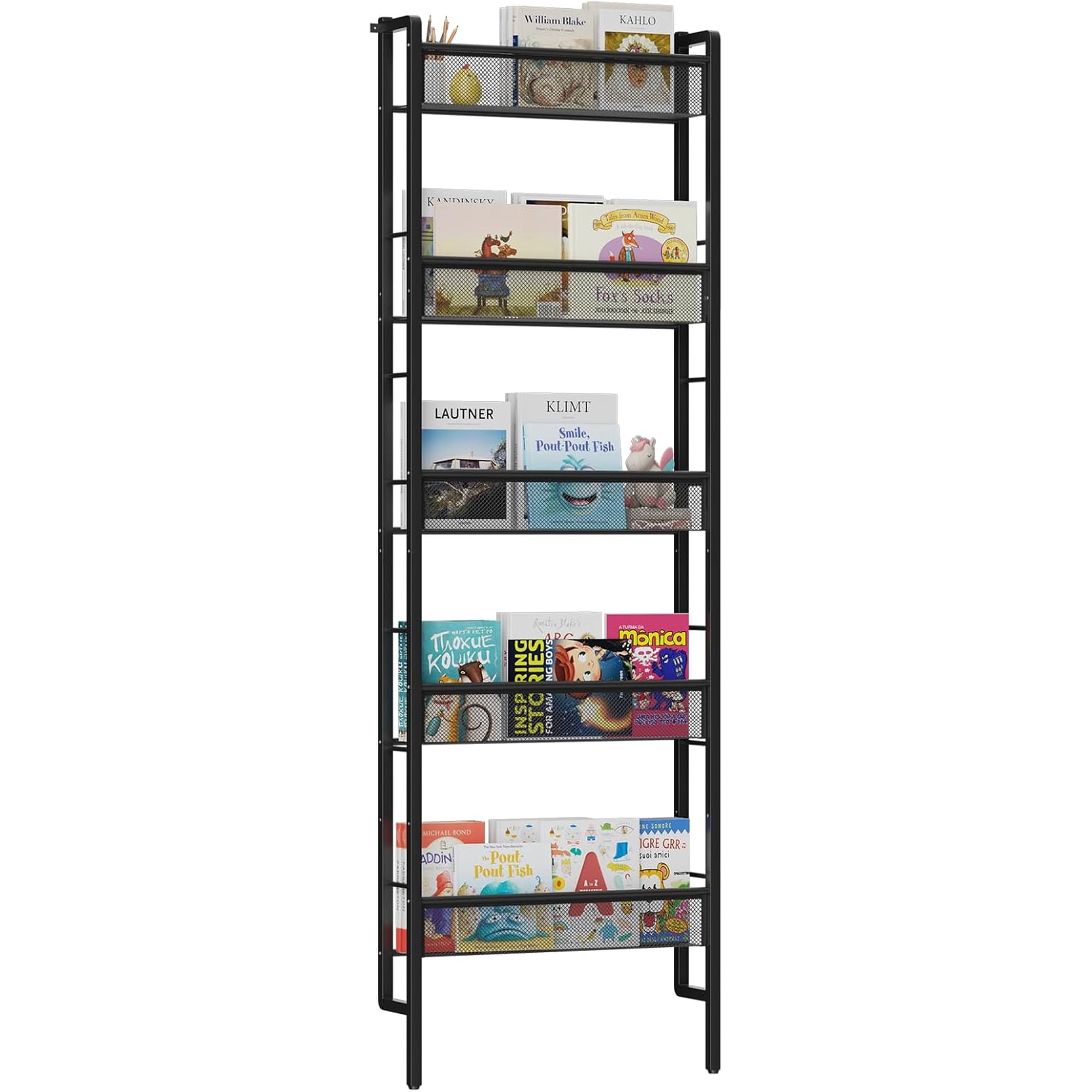 B8 Kids Bookshelf Wall Mounted, 5-Tier Wall Bookshelf for Kids, Children's Bookcases Organizer for Toys and Books, Metal Toddler Book Shelves for Nursery, Bedroom, Living Room, Black