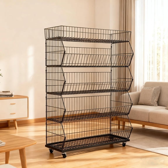 Retail Display Rack 5-Tier Market Merchandise Display Shelf Fruit Store Storage Shelf Vegetable Snack Basket Retail Store Supplies with Wheels for Home Store Market