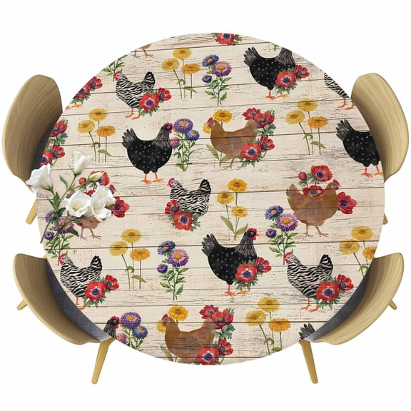 Round Table Cover 45-54 Inch Farmhouse Rooster Waterproof Reusable Table Cloth Round Fitted Vinyl Tablecloth with Elastic Edged for Parties Outdoors, Vintage Watercolor Flowers Wood Grain