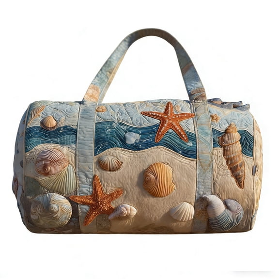 A 16 Inch Beach Themed Quilted Tote Bag Embroidered Handbag For Women Travel Shopper With Starfish And Seashell Design