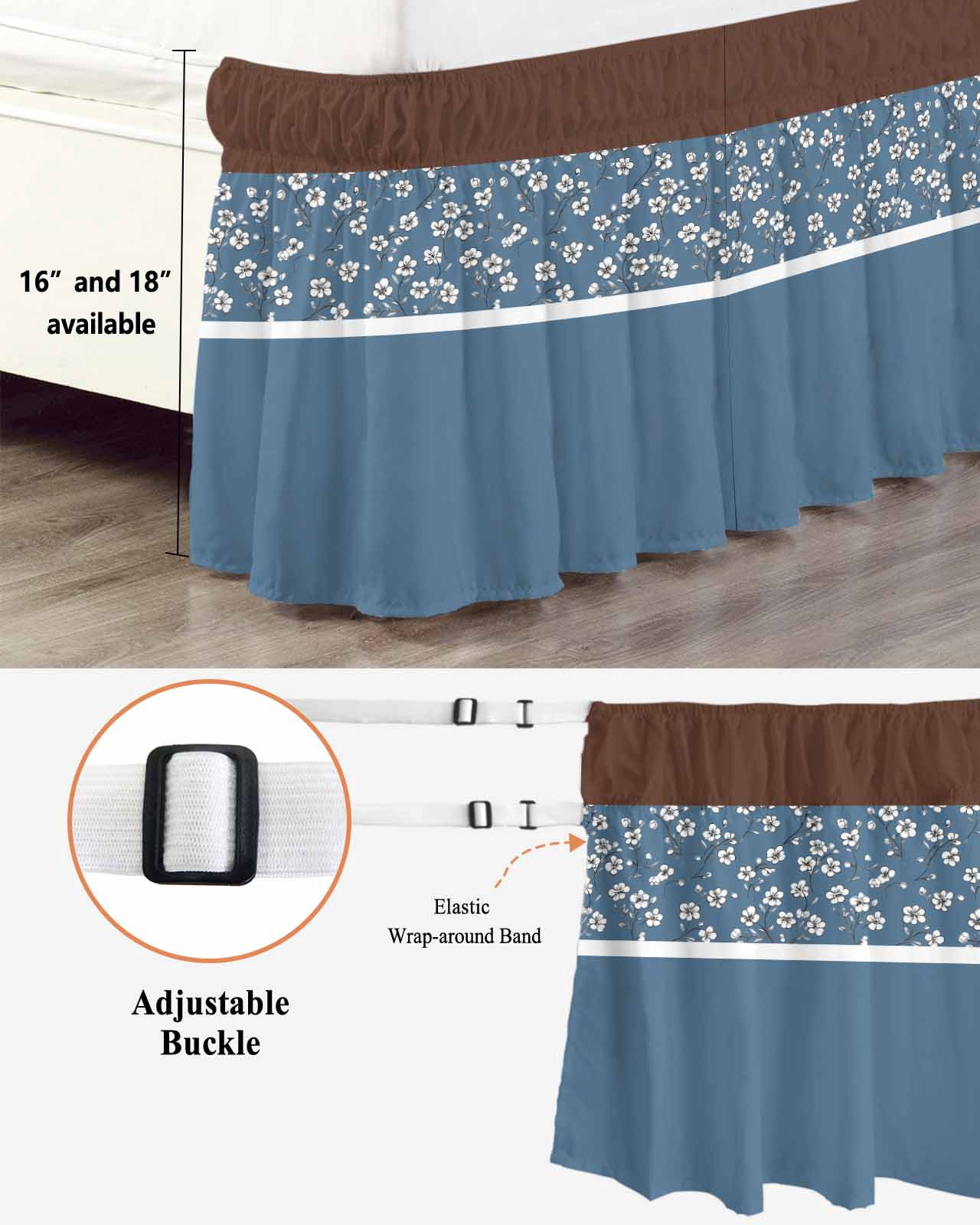 Blue Brown Flowers Wrap Around Bed Skirts for California King Bed 16" Drop,Bed Skirt with Adjustable Elastic Belt Dust Ruffle Bed Valance for Bedroom Classic Botanical Art Elegant Bed Frame Cover