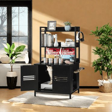 MIDODO Cat Litter Box Enclosure with Shelves, Hidden Litter Box Furniture, Large Wood Cat Washroom with Mat, Indoor Cat House