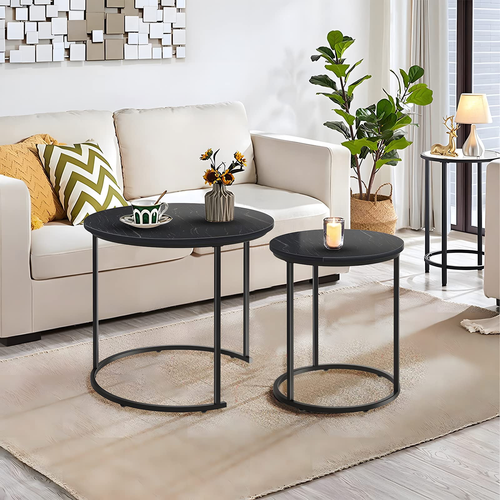 Black Marble Nesting Coffee Table for Small Place 24 in 2 Sets High Side End Sofa Table Nightstand Modern Furniture Living Room Cabin Bed Room Dining RoomGarden 4 You (Black Marble)