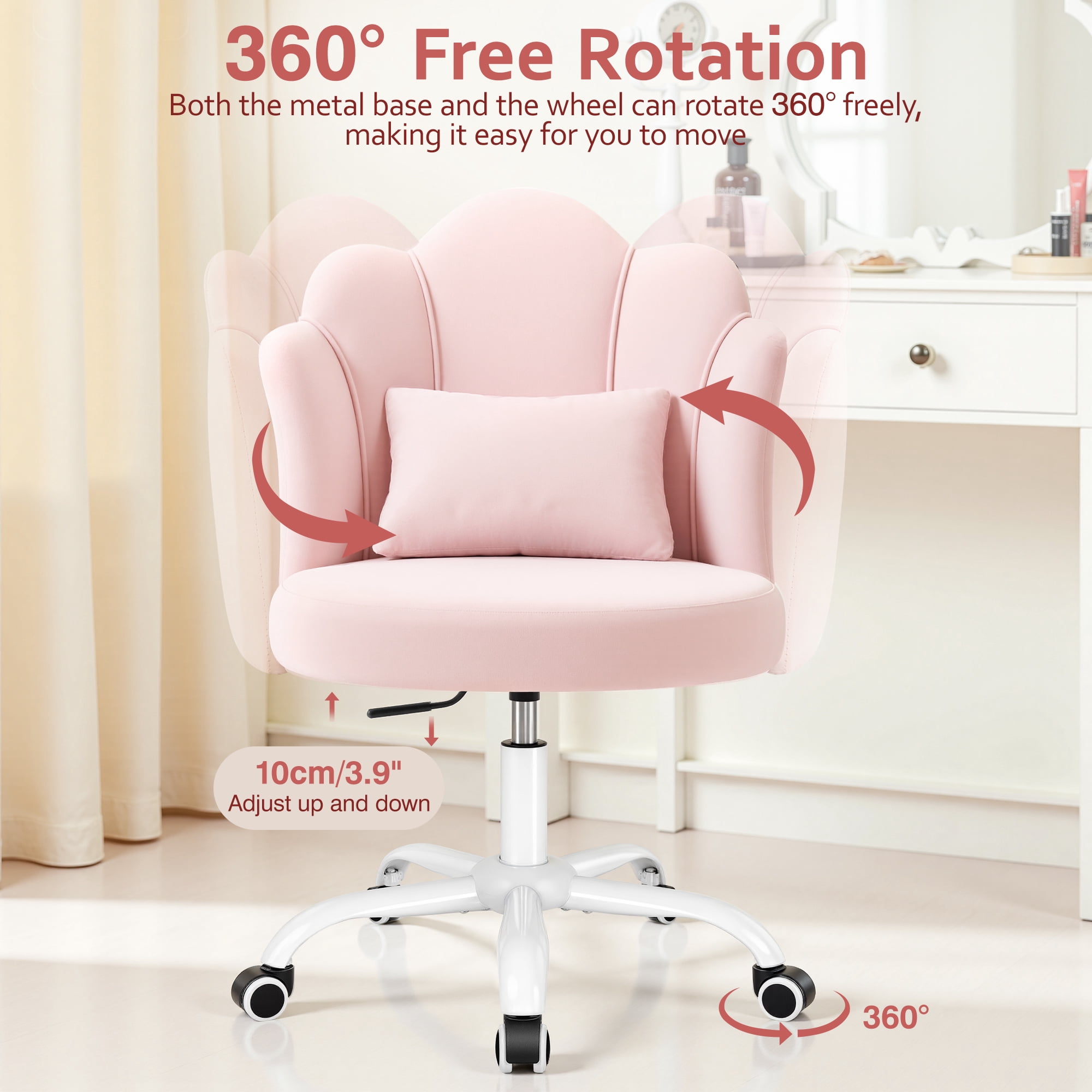 COOLHUT Vanity Chair, Velvet Petal Vanity Makeup Chair with Lumber Support, Home Office Desk Chair with Wheels, Height Adjustable Computer Work Chair for Bedroom, Living Room, Pink