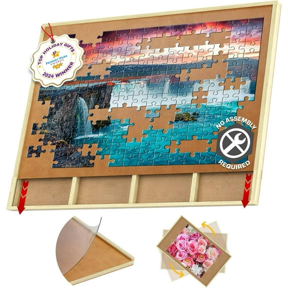 1000 Piece Wooden Jigsaw Puzzle Board - 4 Drawers, Patent Pending Design - Rotating Puzzle Table | 30” X 22” Jigsaw Puzzle Tables | Puzzles Cover & Lazy Susan| Portable Puzzles Tables for Adults