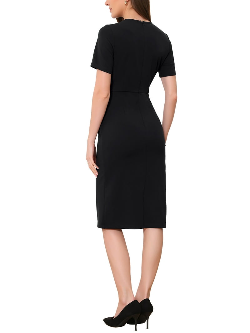 black work dress short sleeve Inspire Chic Work Dresses for Women Crew Neck Short Sleeve Business Office Sheath Wrap Dress 2026 S Black, Women's, Size: Small, Blue