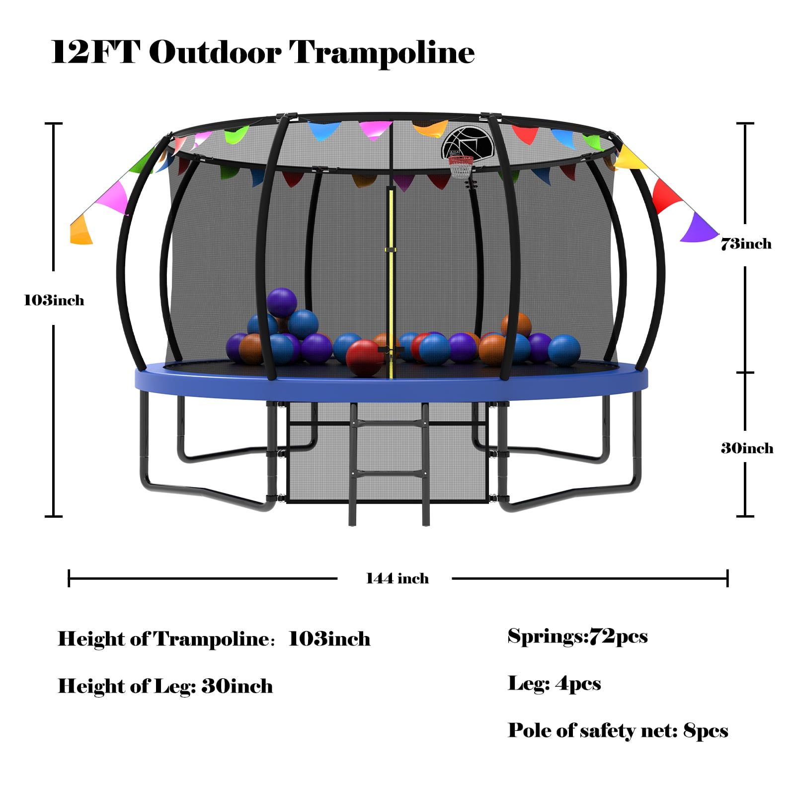 Witaxima 12FT Kids Trampoline with Safety Enclosure Net, Ladder & Flag Accessories, Outdoor Recreational Blue Trampoline, ASTM Certified, 144in Diameter