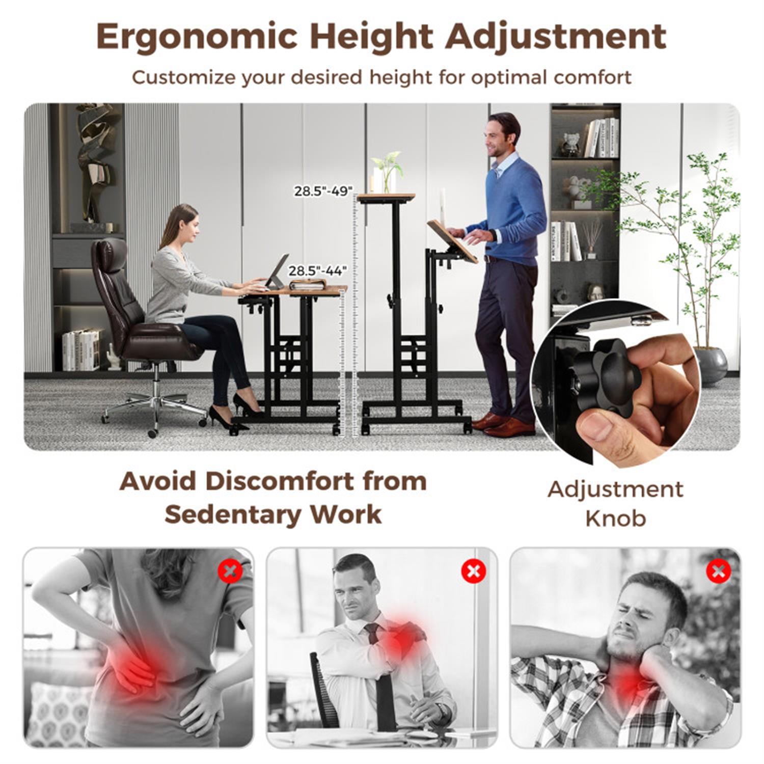 Demi Bonn Height Adjustable Mobile Standing Desk with Rolling Wheels for Office and Home, Laptop Workstation for Laptops, Books, Tablets, and Art, Brown