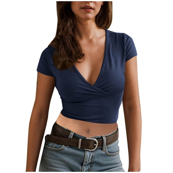 Short Sleeve Blouses for Women Woman Clothes Women's Short Long Sleeve Deep V Neck Cross Wrap Crop Surplice Top