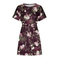 thumbnail image 3 of Summer Saving Wycnly Womens Dresses Loose Belt Vintage Floral Wrap Knee-Length Dresses with Pocket Summer Leaves Print Crewneck Short Sleeve Formal Midi Dress Wine l, 3 of 5