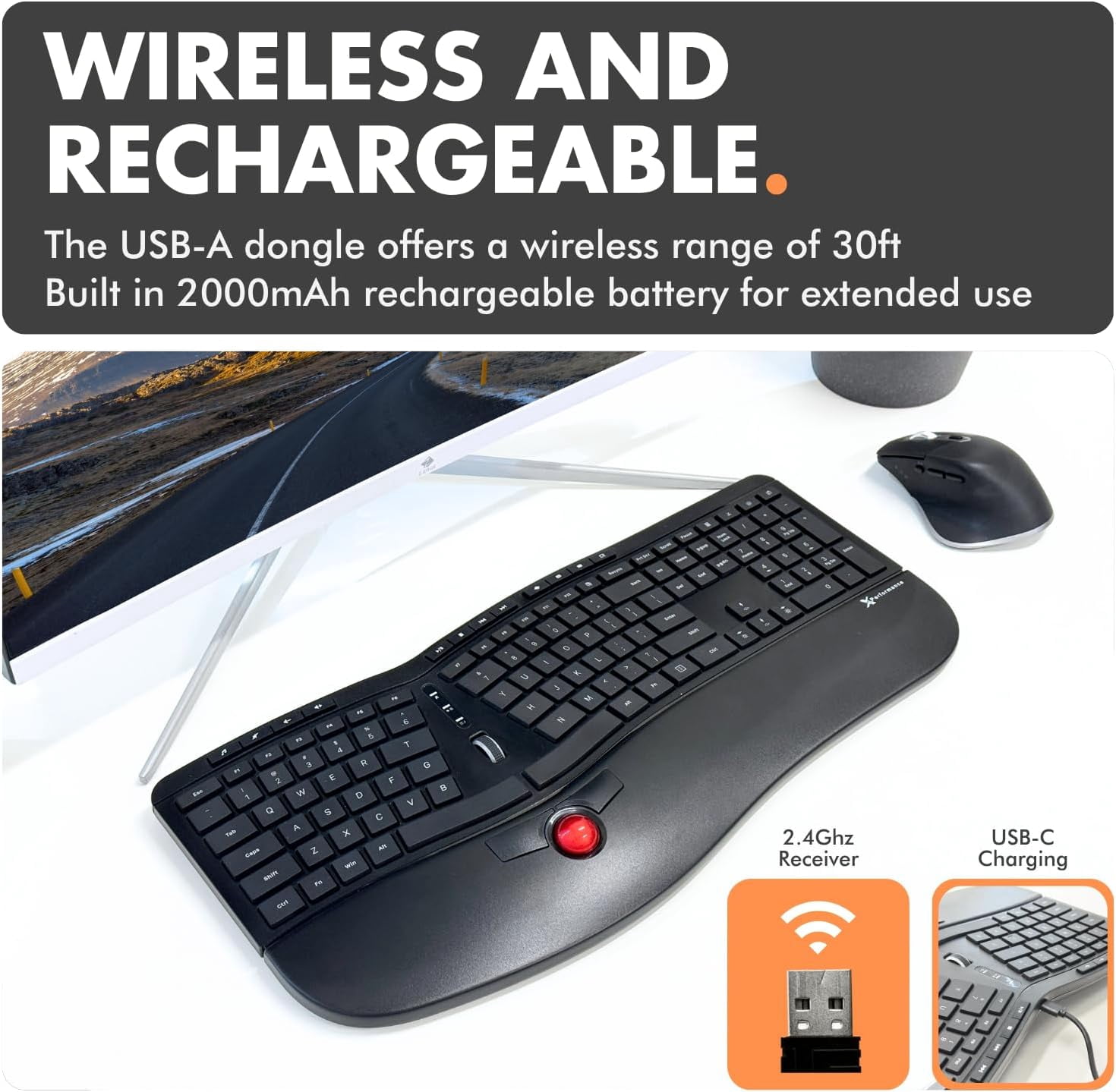 X9 Performance Ergonomic Wireless Keyboard with Trackball - Rechargeable, Backlit, Built in Mouse Buttons - 2.4G Split Keyboard Wireless for Windows PC and Chrome - All in One Typing Solution