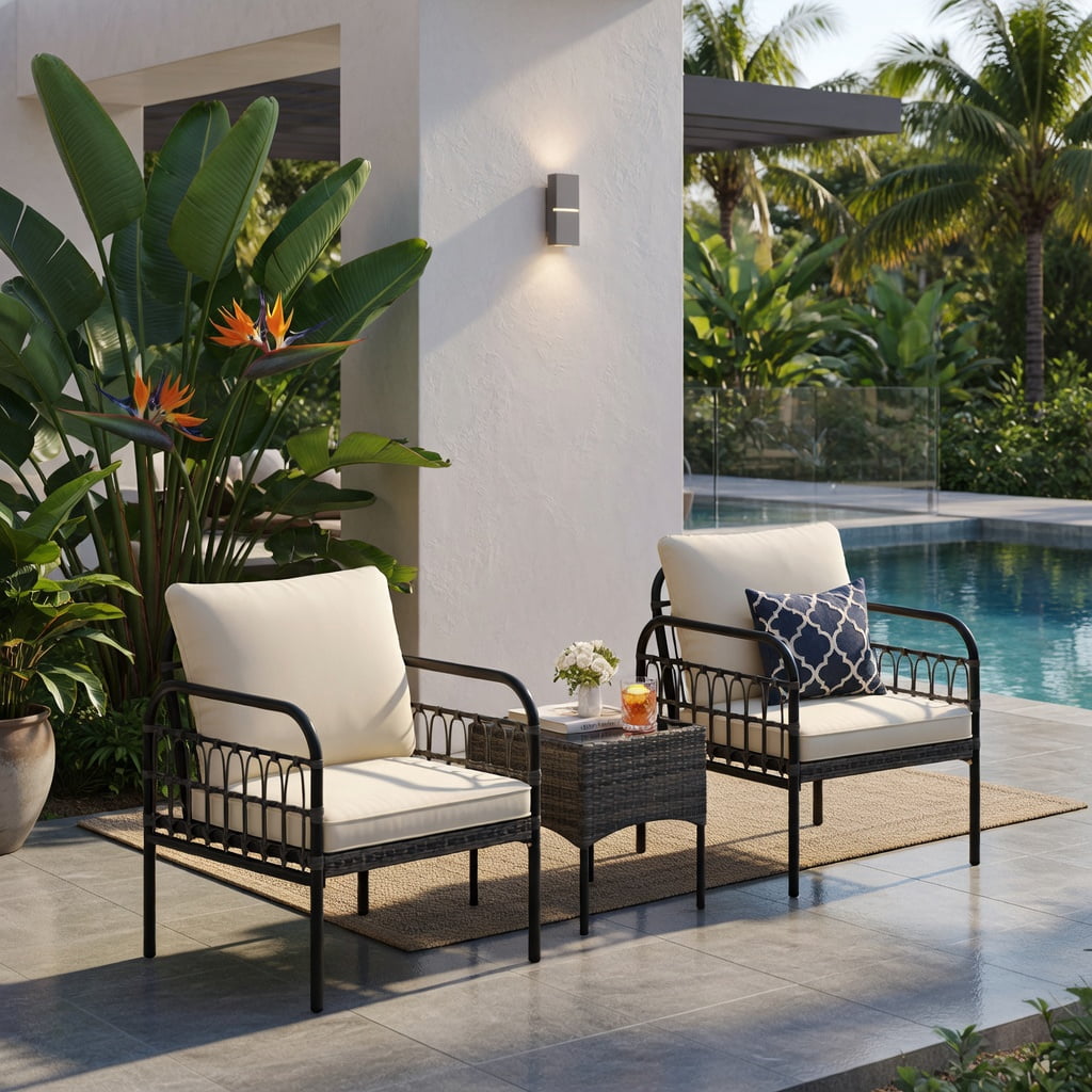 Hommoo 3-Piece Outdoor Wicker Patio Conversation Set with Tempered Glass Coffee Table, Cushioned Chairs & Rust-Resistant Metal Frame, Brown
