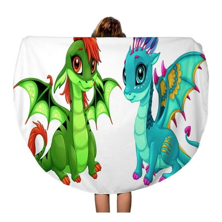 Beach Towels Cute SIDONKU 60 inch Round Beach Towel Blanket Blue Fantasy Baby Dragons Cute Eyes Cartoon Characters Green Travel Circle Circular Towels Mat Tapestry Beach Throw ()
