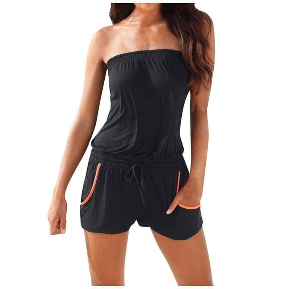 Rompers for Women Strapless Halter Solid Color with PocketBodysuit
