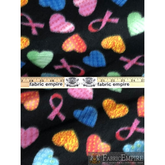 Fleece Printed *CANCER RIBBON MULTI COLOR HEART BLACK BACKGROUND* Fabric / 58"/ sold by the yard