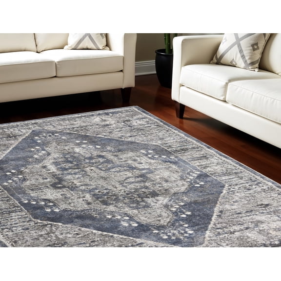 8' X 10' Blue Floral Power Loom Distressed Area Rug