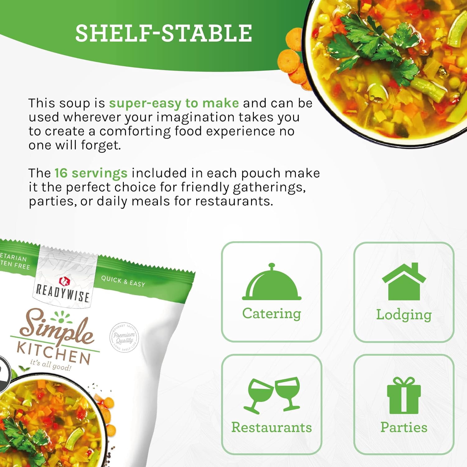 ReadyWise Simple Kitchen Restaurant Quality Soup Mix|Garden Vegetable Soup Mix 16 Servings per Pouch|Professional Series|Food Service,Emergency Food Storage,Caterers,Vegetarian & Gluten-Free,Pack of 4