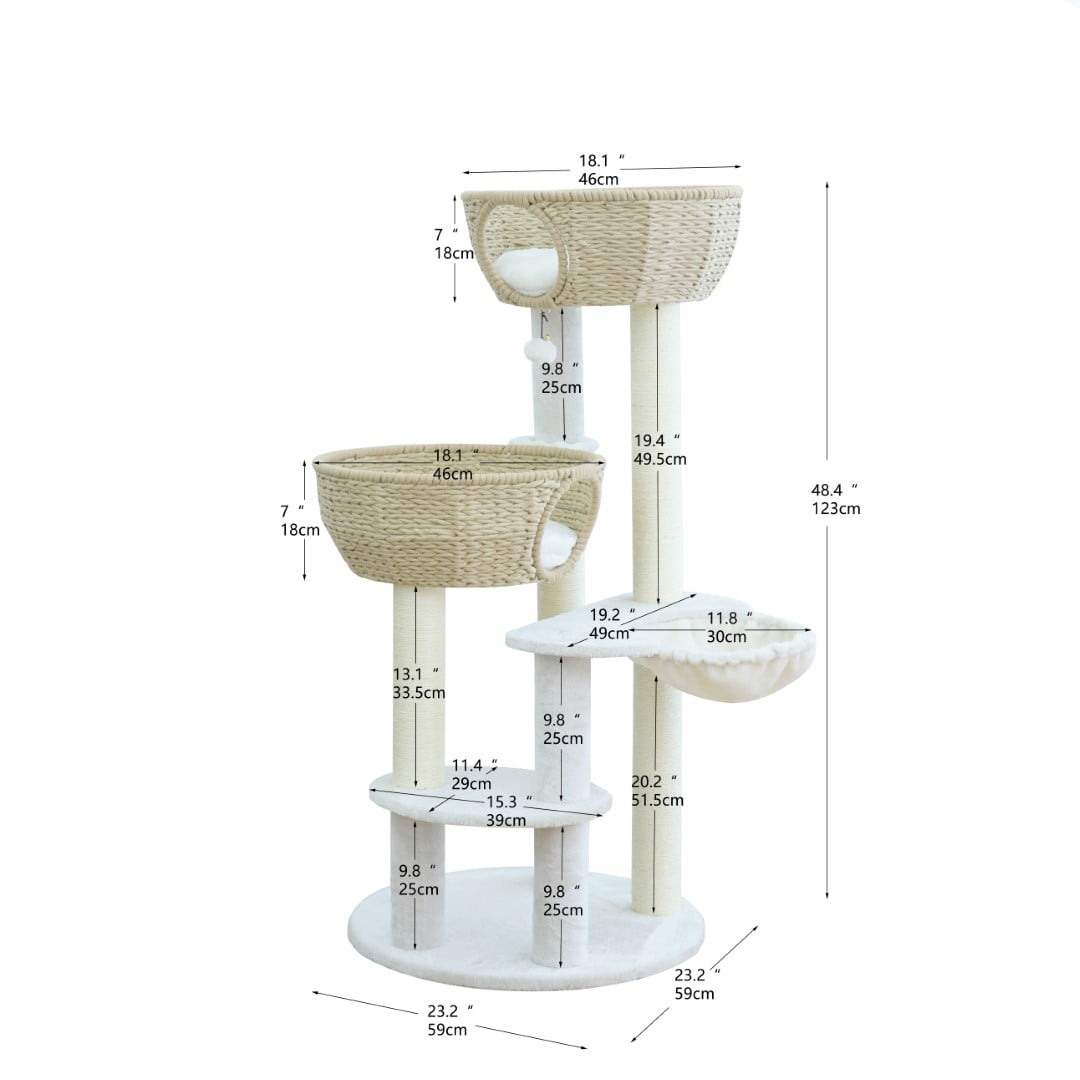 Home4Cat 48" Cat Tree with Two Handwoven Basket Bed, Hammock, Sisal Scratching Posts, Beige & Cream