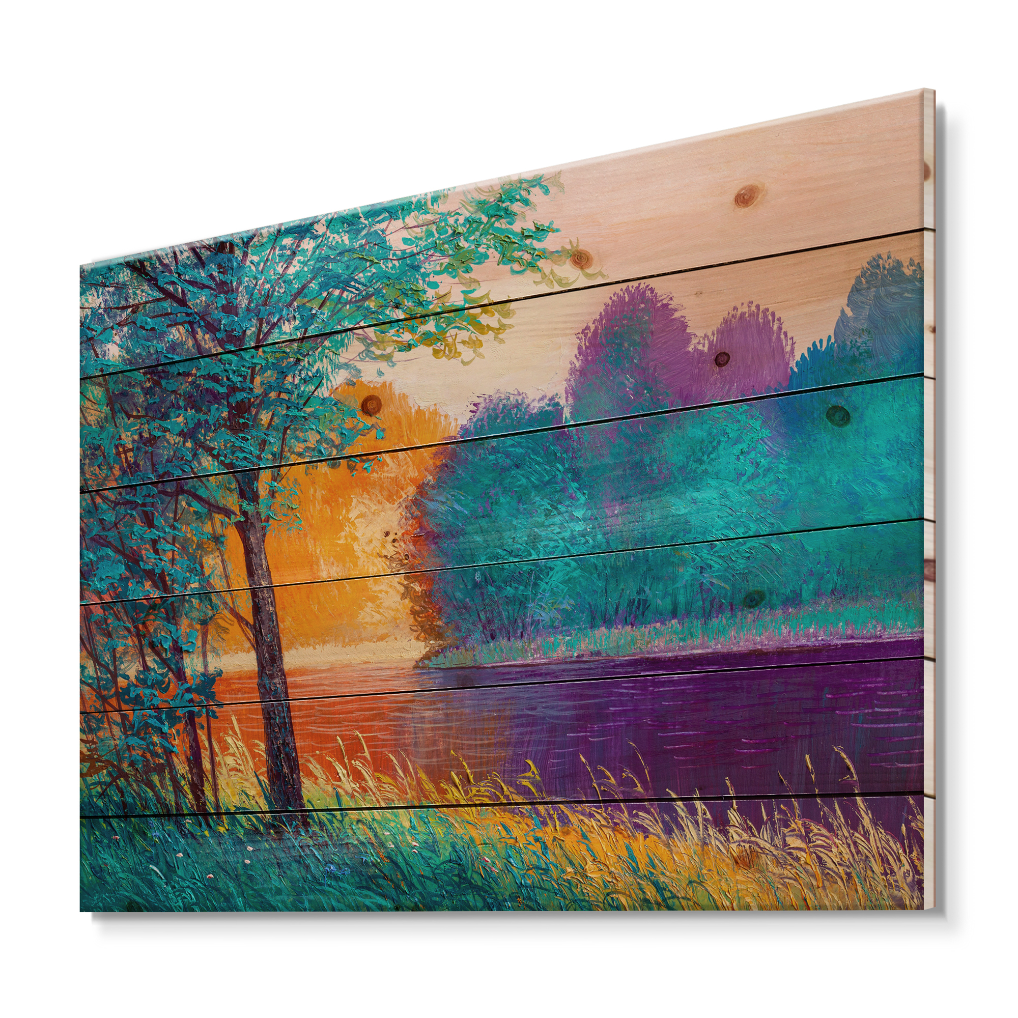 Designart 'Colorful Trees During Twilight Along River' Traditional Print on Natural Pine Wood