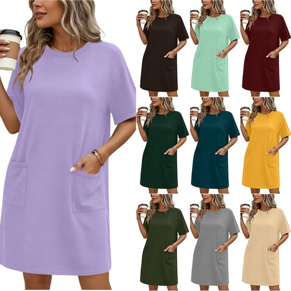 AnuYalue Nightgowns for Women Lightweight Short Sleeve Sleep Dress Crew Neck Night Dresses Nightshirt with Pockets
