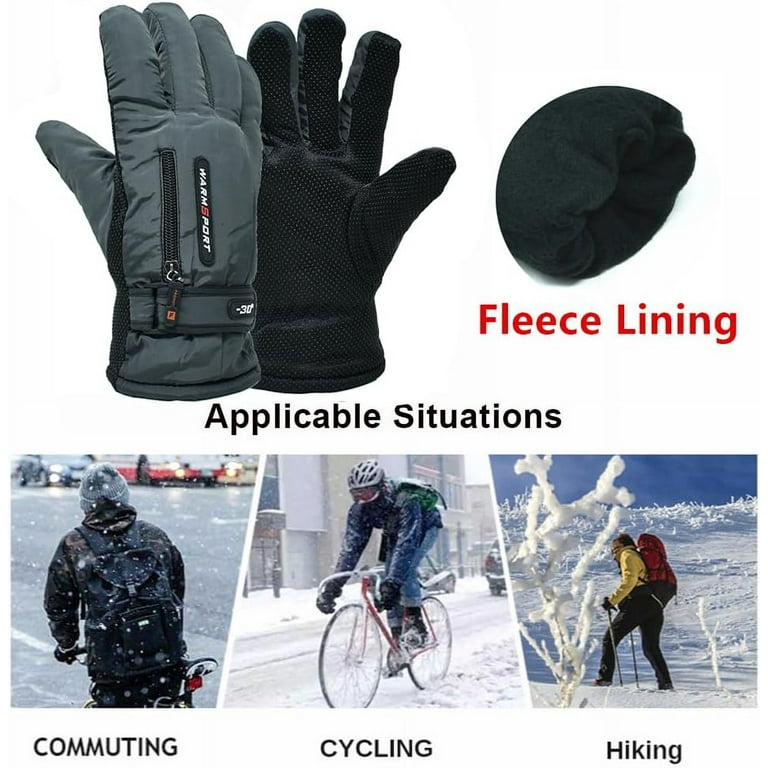 Men's Winter Fleece Thermal Water Resistant Skiing Work Gloves Mittens with  Zipped Pocket Gray