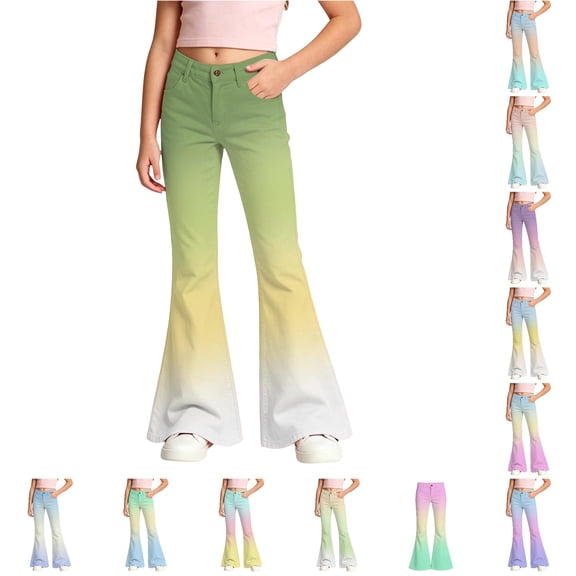 LIIPEE Baggy Jeans For Girls Casual Gradient Color Rigid Waist Flared Leg Trousers With Pockets Kids Comfortable Breathable Fashion Denim Pants,13-14 Years